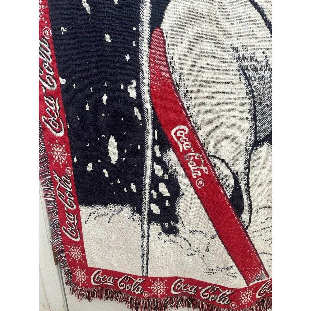 Vintage Coca Cola Knitted Throw Blanket Tapestry Polar Bear Skiing Coke